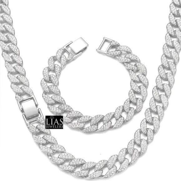 New 18k white gold filled with simulated diamonds Cuban link chain and bracelet